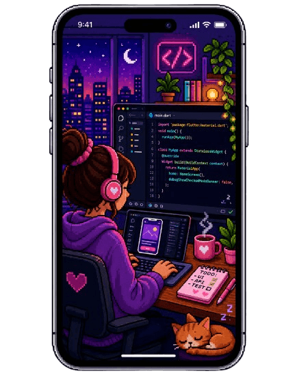 Pixel art of a developer building a mobile app